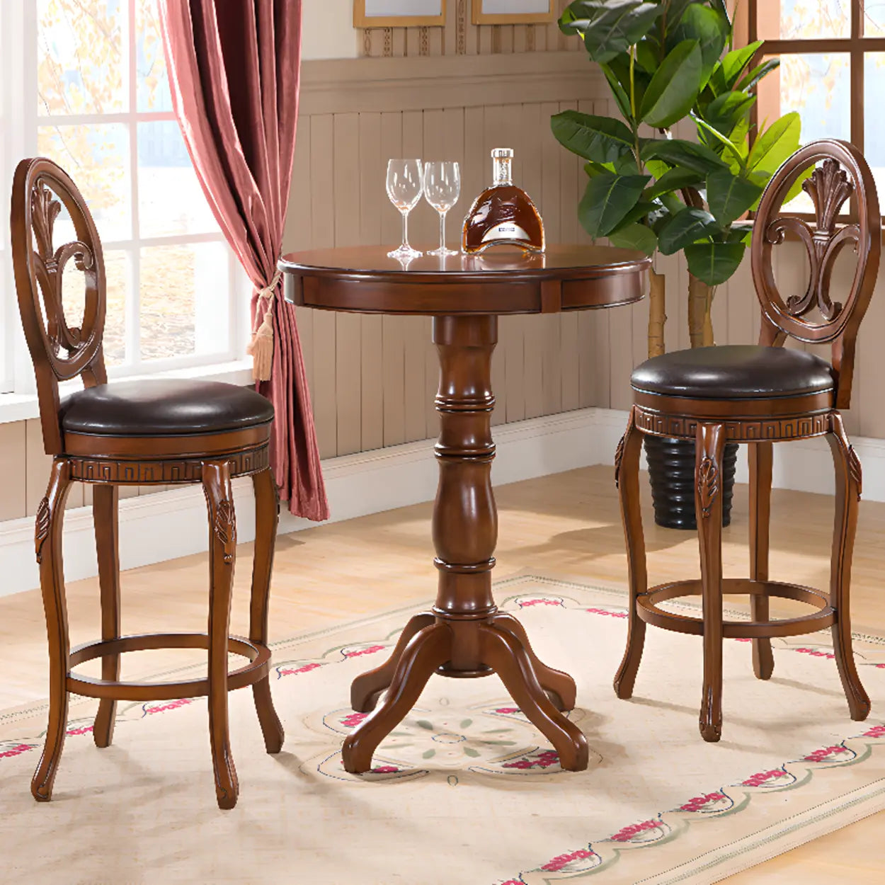 Classic Traditional Brown Wood Round Pedestal Bar Table