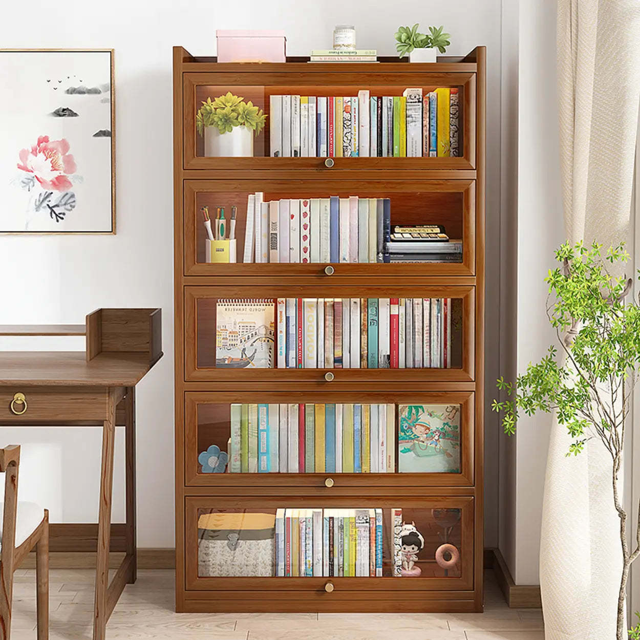 Vertical Closed-Back Cabinet Bookcase — Tan