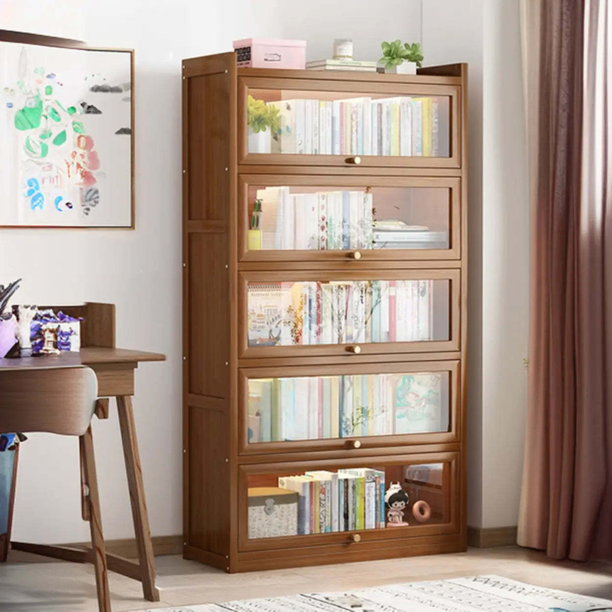 Vertical Closed-Back Cabinet Bookcase — Tan