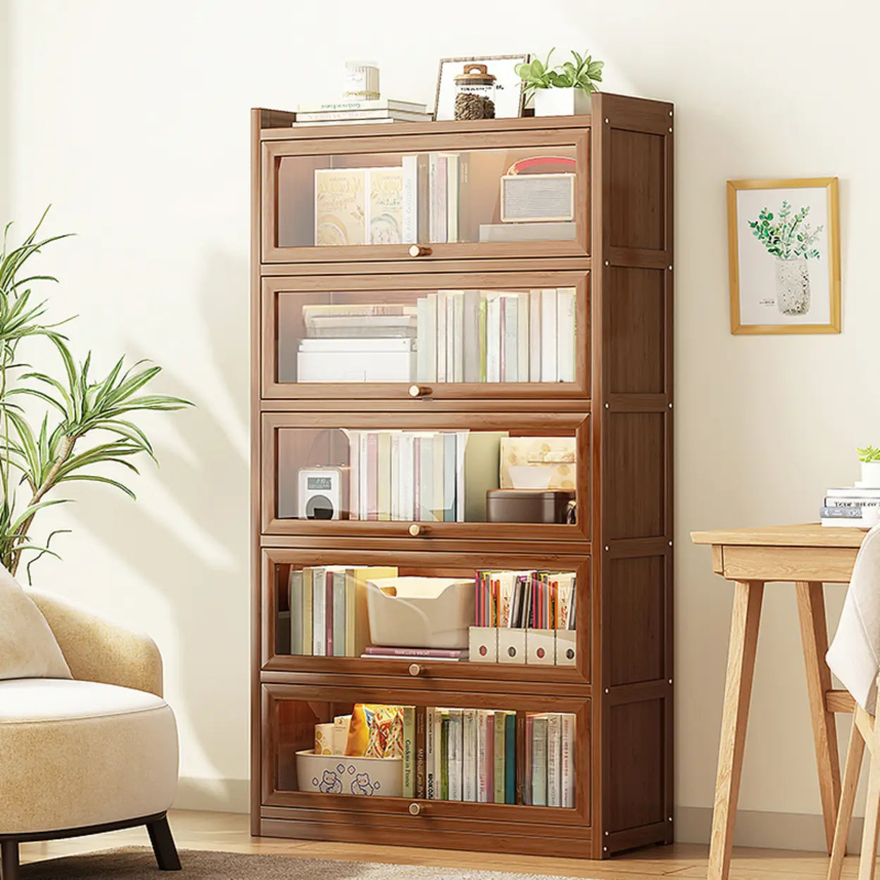 Vertical Closed-Back Cabinet Bookcase — Tan