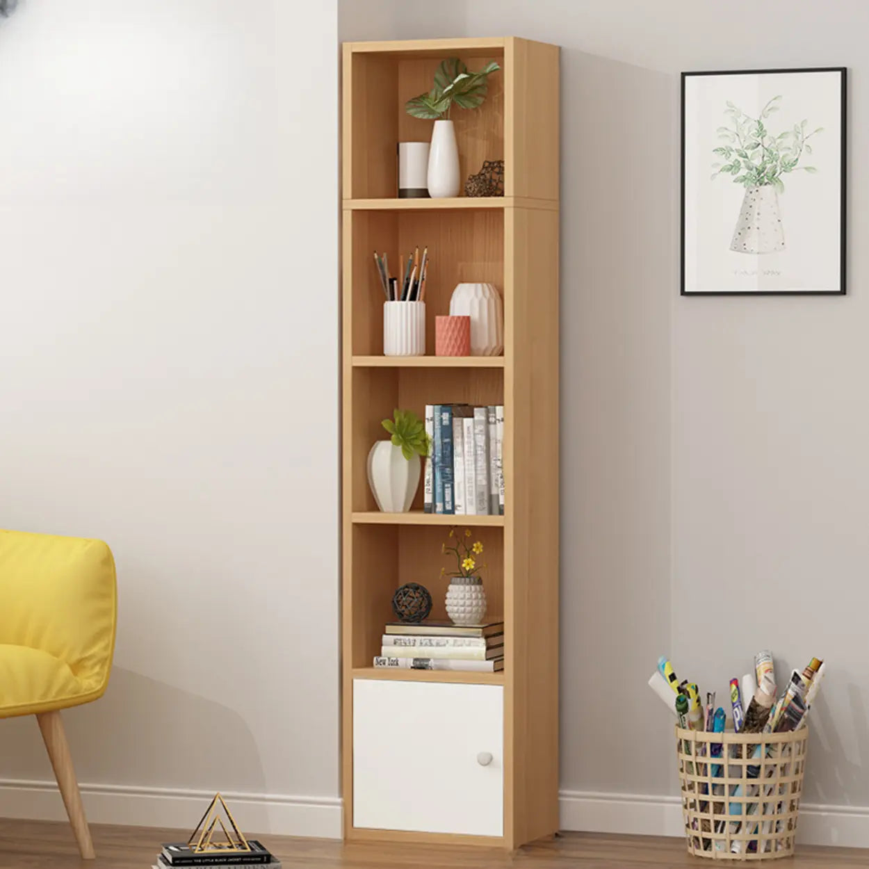 Classic Vertical Closed Wood Narrow Bookcase