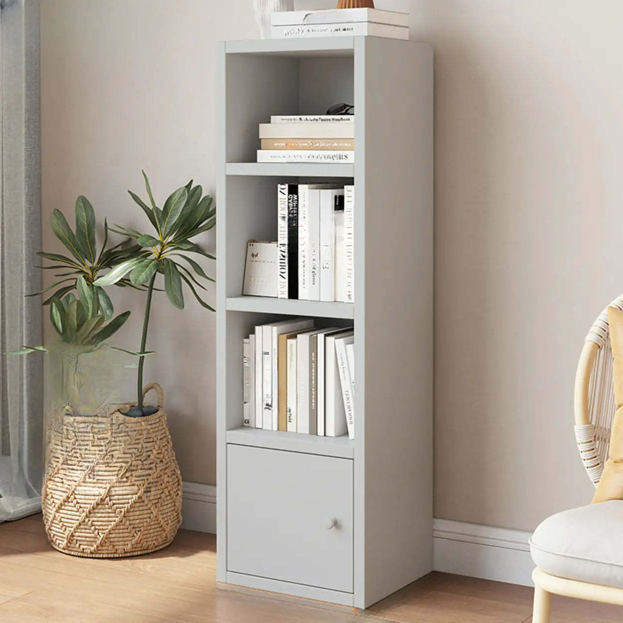 Classic Vertical Closed Wood Narrow Bookcase — Grey