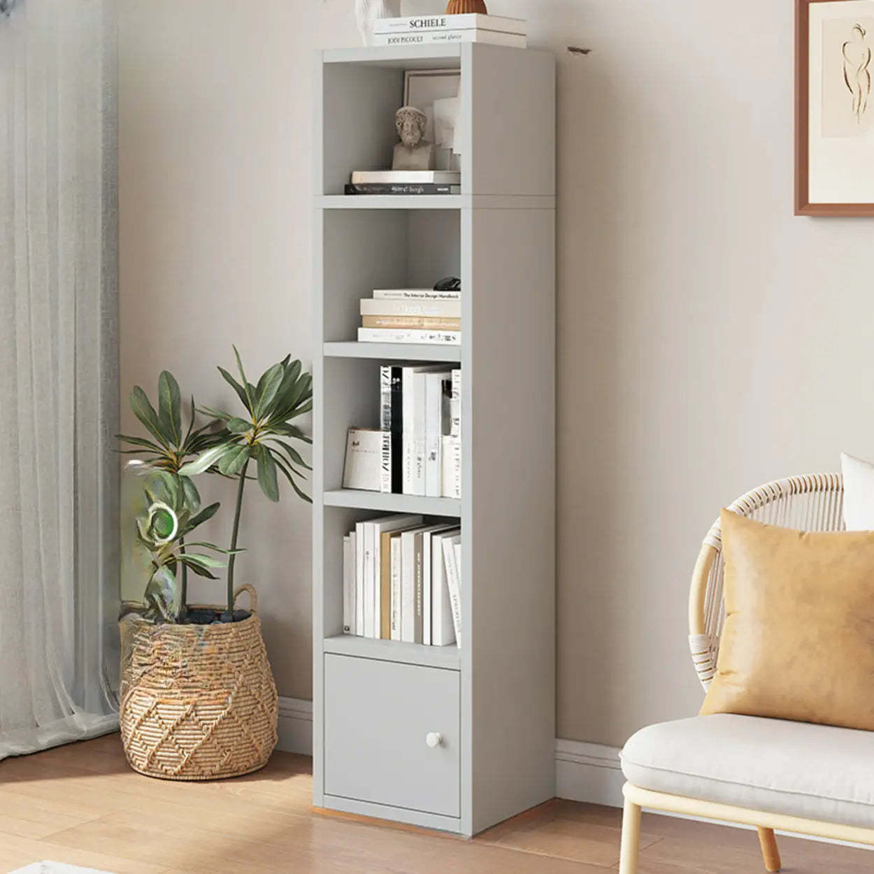 Classic Vertical Closed Wood Narrow Bookcase — Grey