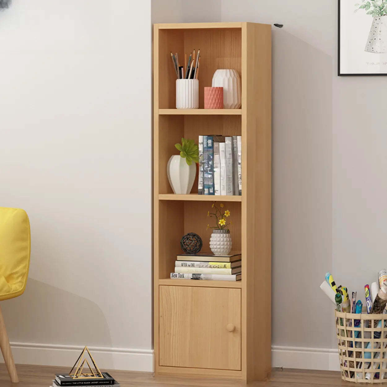 Classic Vertical Closed Wood Narrow Bookcase — Natural/ White