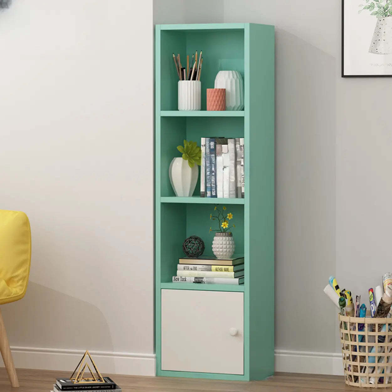 Classic Vertical Closed Wood Narrow Bookcase — Natural/ White