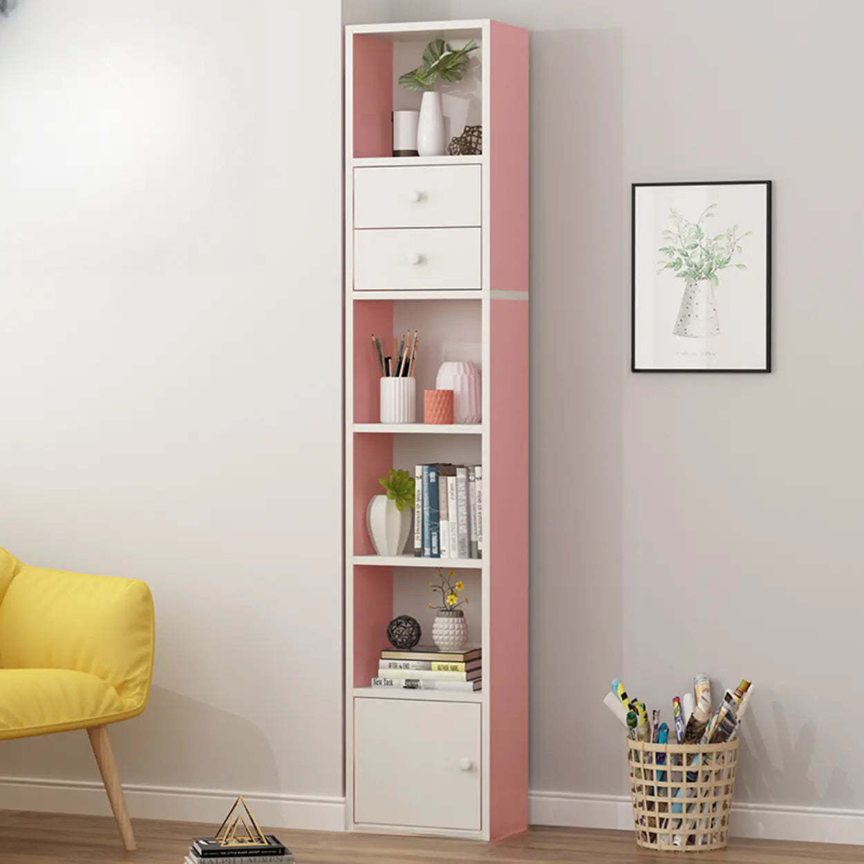 Classic Vertical Closed Wood Narrow Bookcase — Pink-White