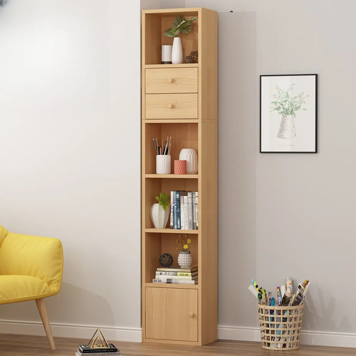 Classic Vertical Closed Wood Narrow Bookcase — Pink-White