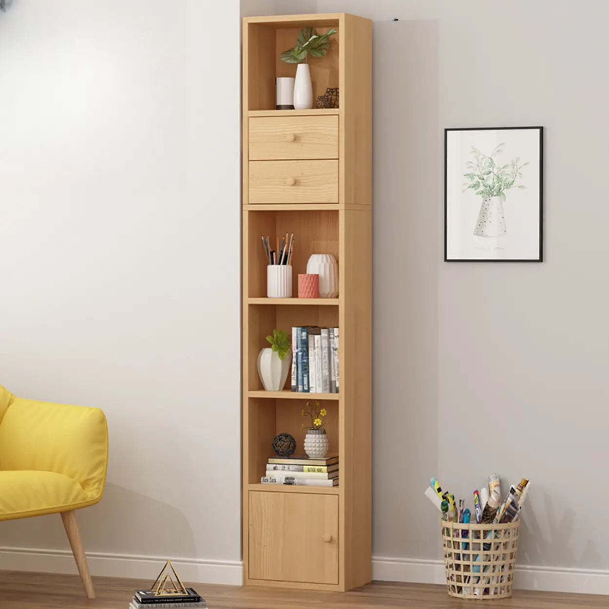 Classic Vertical Closed Wood Narrow Bookcase — Pink-White