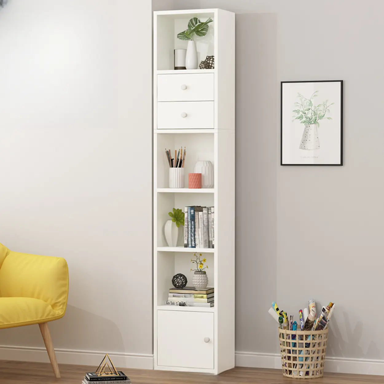 Classic Vertical Closed Wood Narrow Bookcase — White
