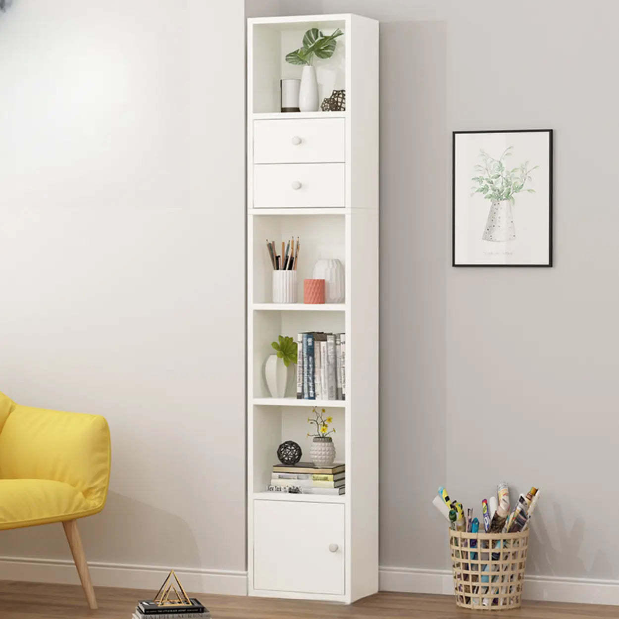 Classic Vertical Closed Wood Narrow Bookcase — White