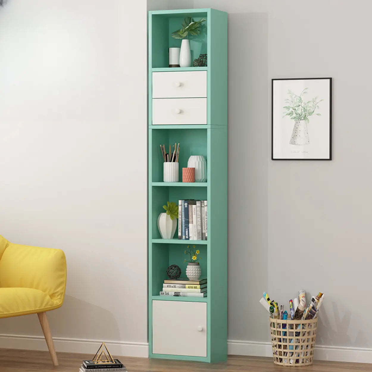 Modern closed vertical bookcases in wood — 12.9"L x 9.4"W x 74"H / Green & White