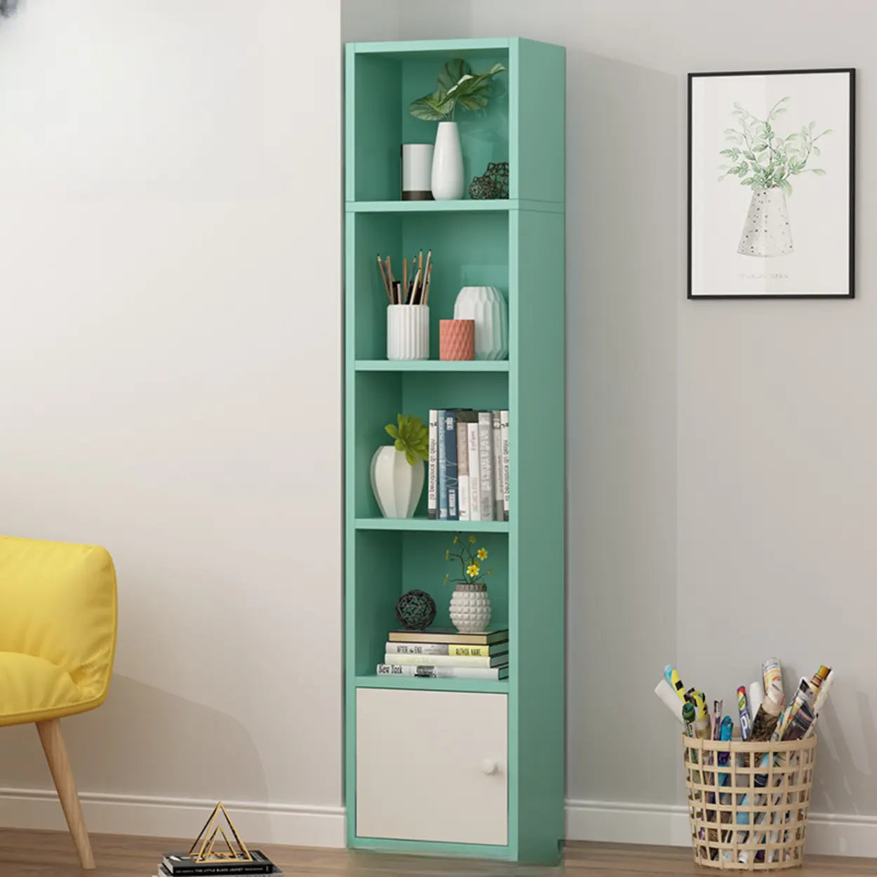 Classic Vertical Closed Wood Narrow Bookcase — White