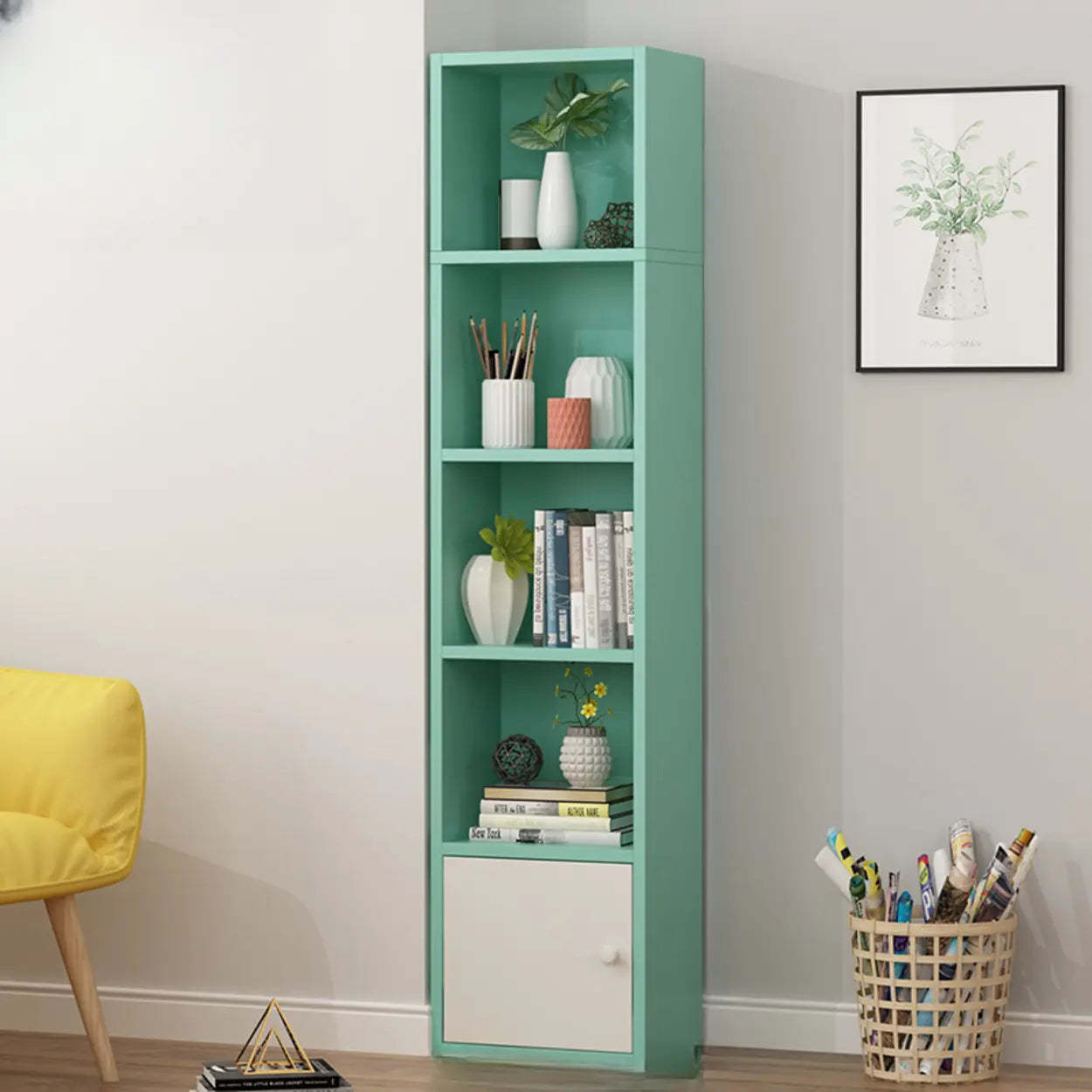 Classic Vertical Closed Wood Narrow Bookcase — White