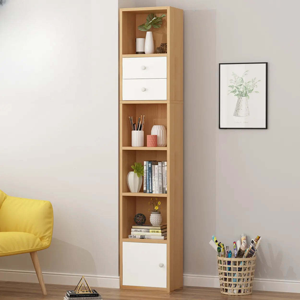 Classic Vertical Closed Wood Narrow Bookcase — White
