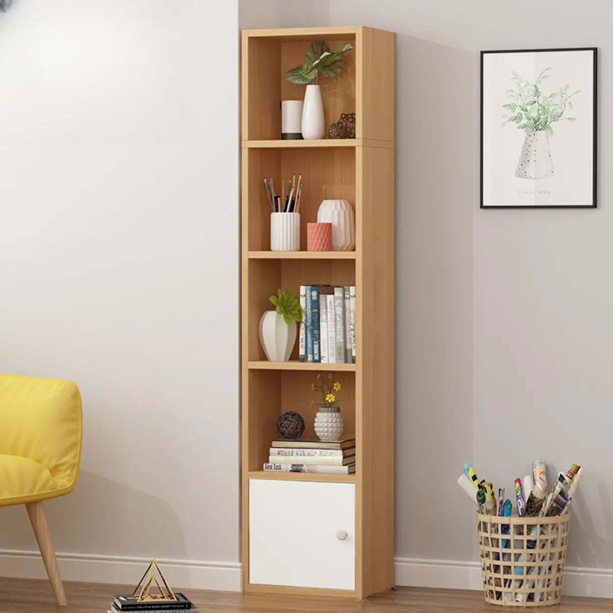 Classic Vertical Closed Wood Narrow Bookcase — Beech