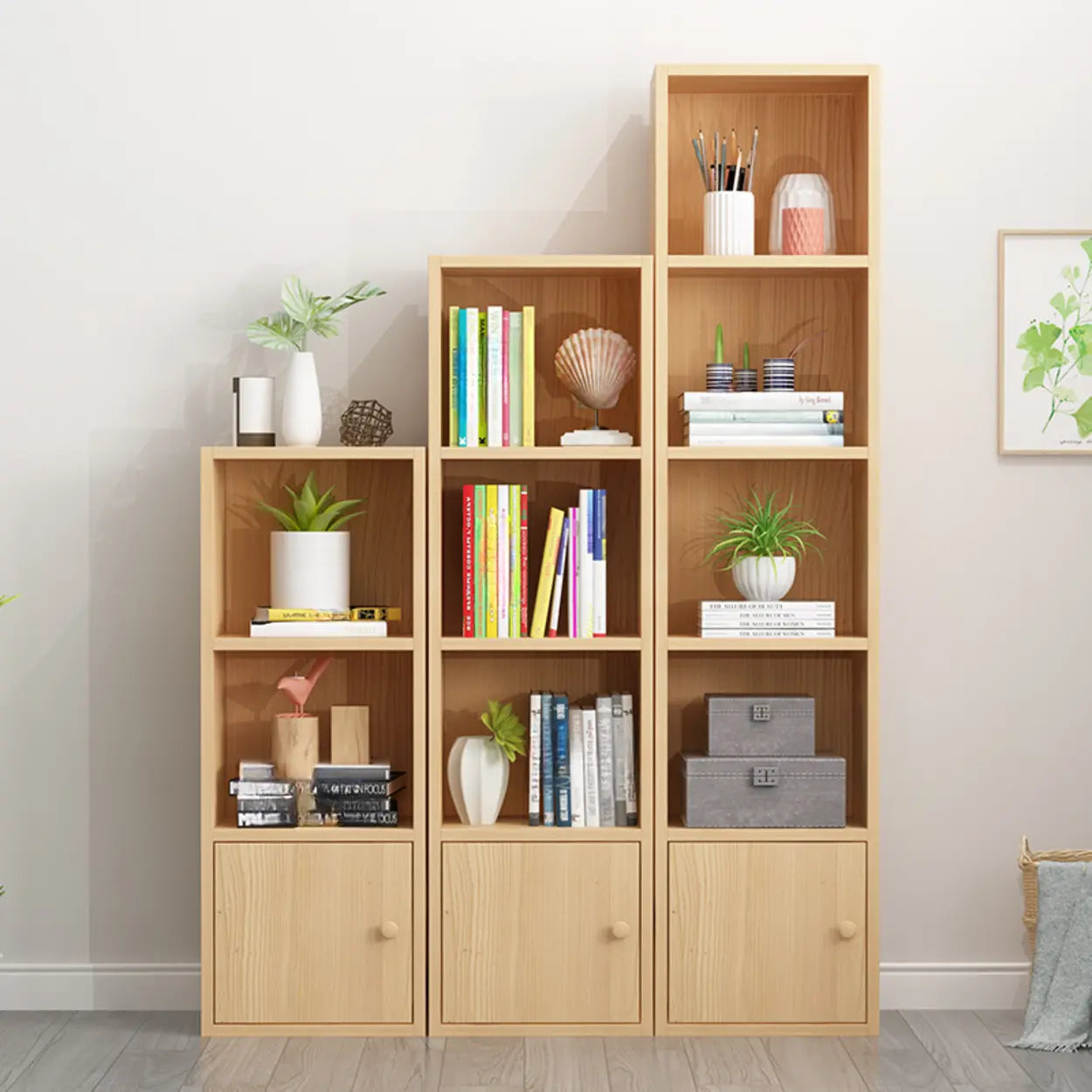 Classic Vertical Closed Wood Narrow Bookcase — Beech