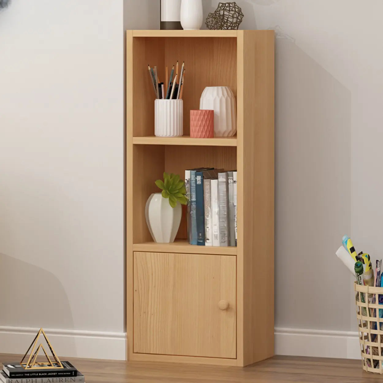 Classic Vertical Closed Wood Narrow Bookcase