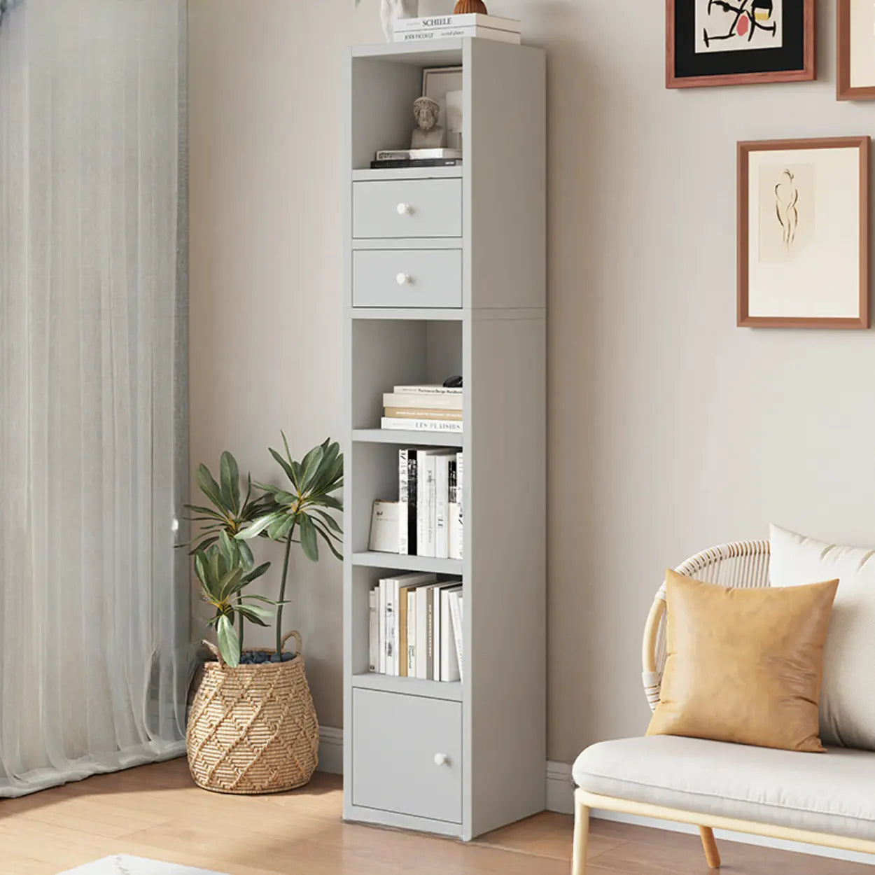 Classic Vertical Closed Wood Narrow Bookcase — Beech