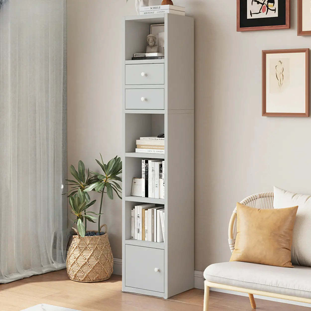 Classic Vertical Closed Wood Narrow Bookcase — Beech