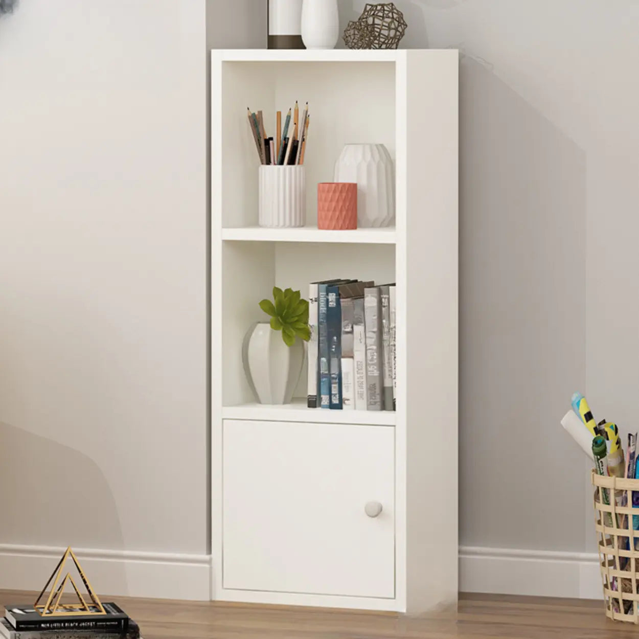 Classic Vertical Closed Wood Narrow Bookcase — Beech