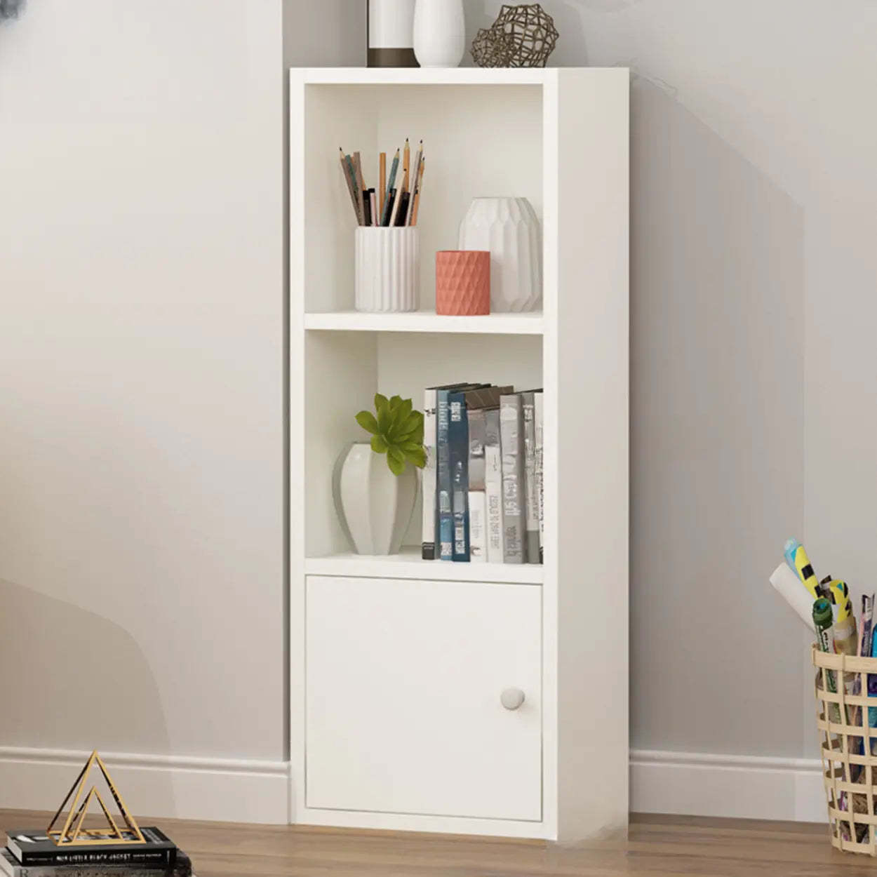 Classic Vertical Closed Wood Narrow Bookcase — Beech