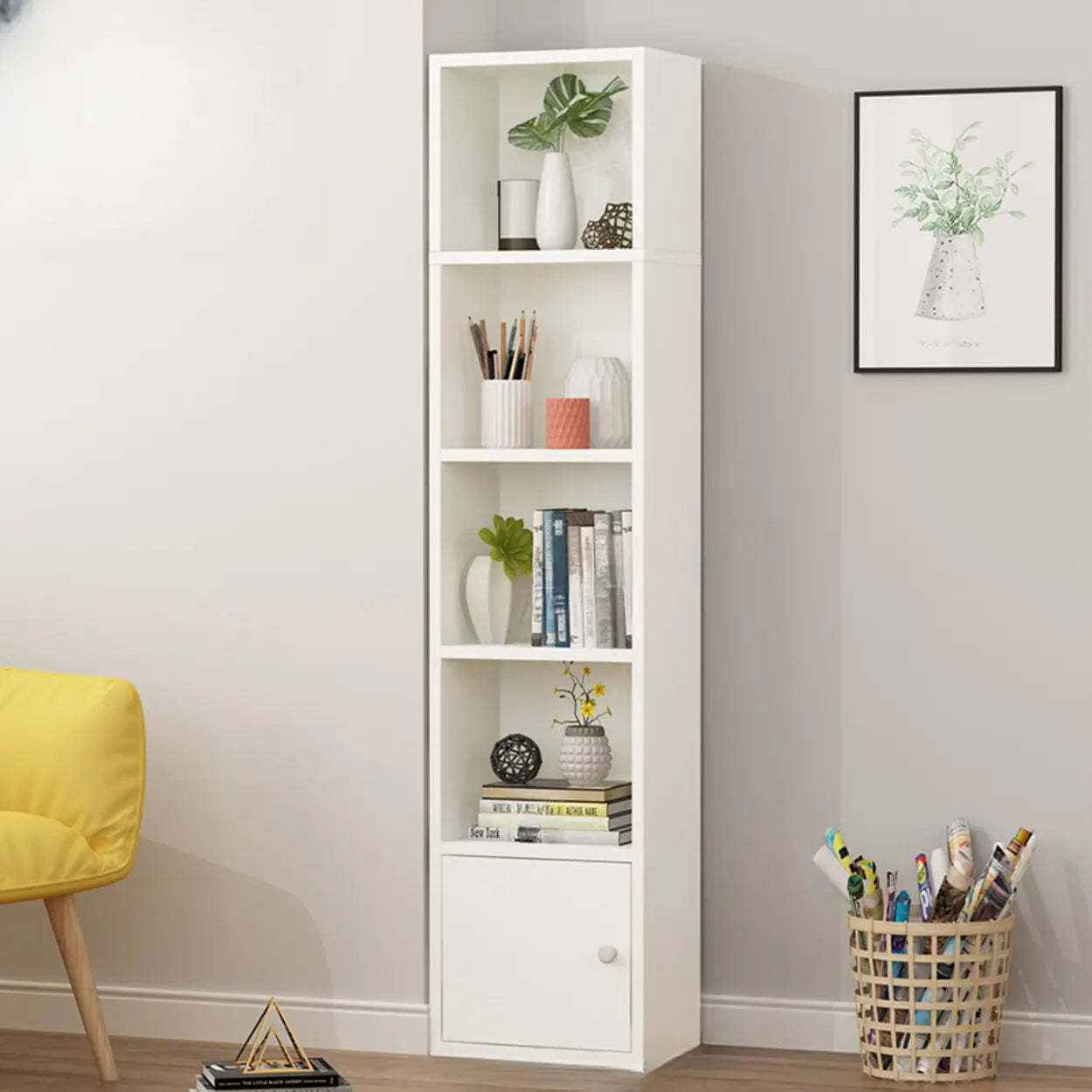 Classic Vertical Closed Wood Narrow Bookcase — Green/ White