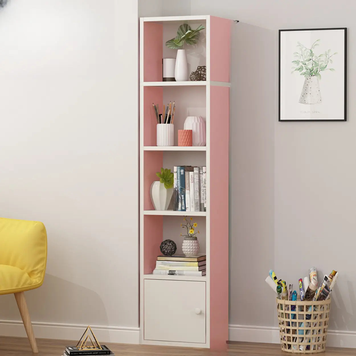 Classic Vertical Closed Wood Narrow Bookcase — Green/ White