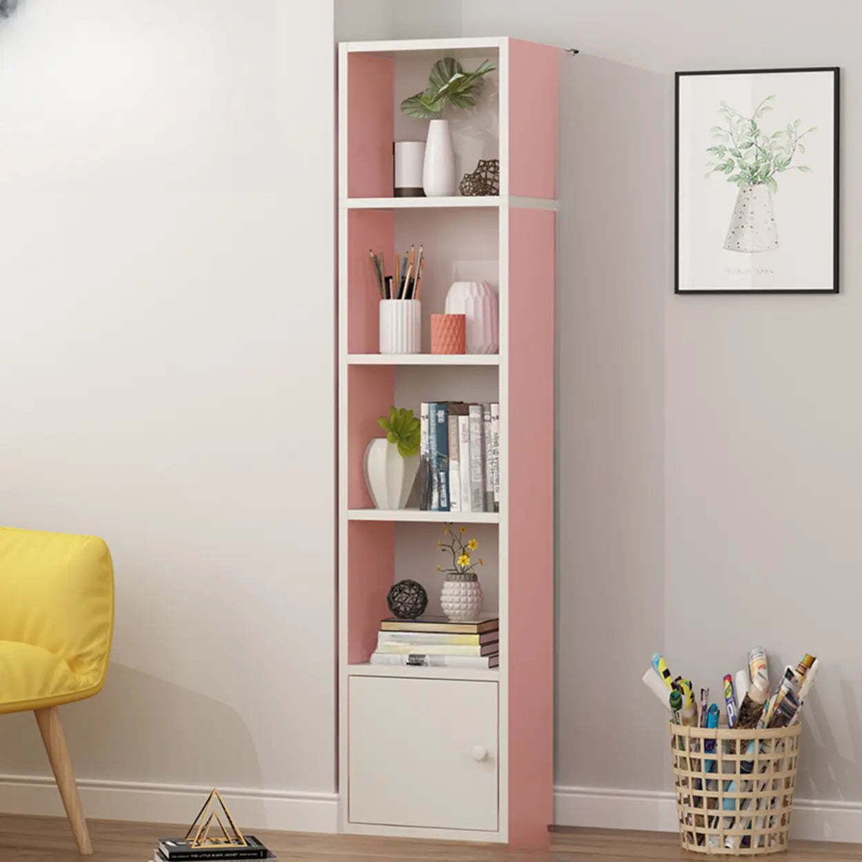 Classic Vertical Closed Wood Narrow Bookcase — Green/ White