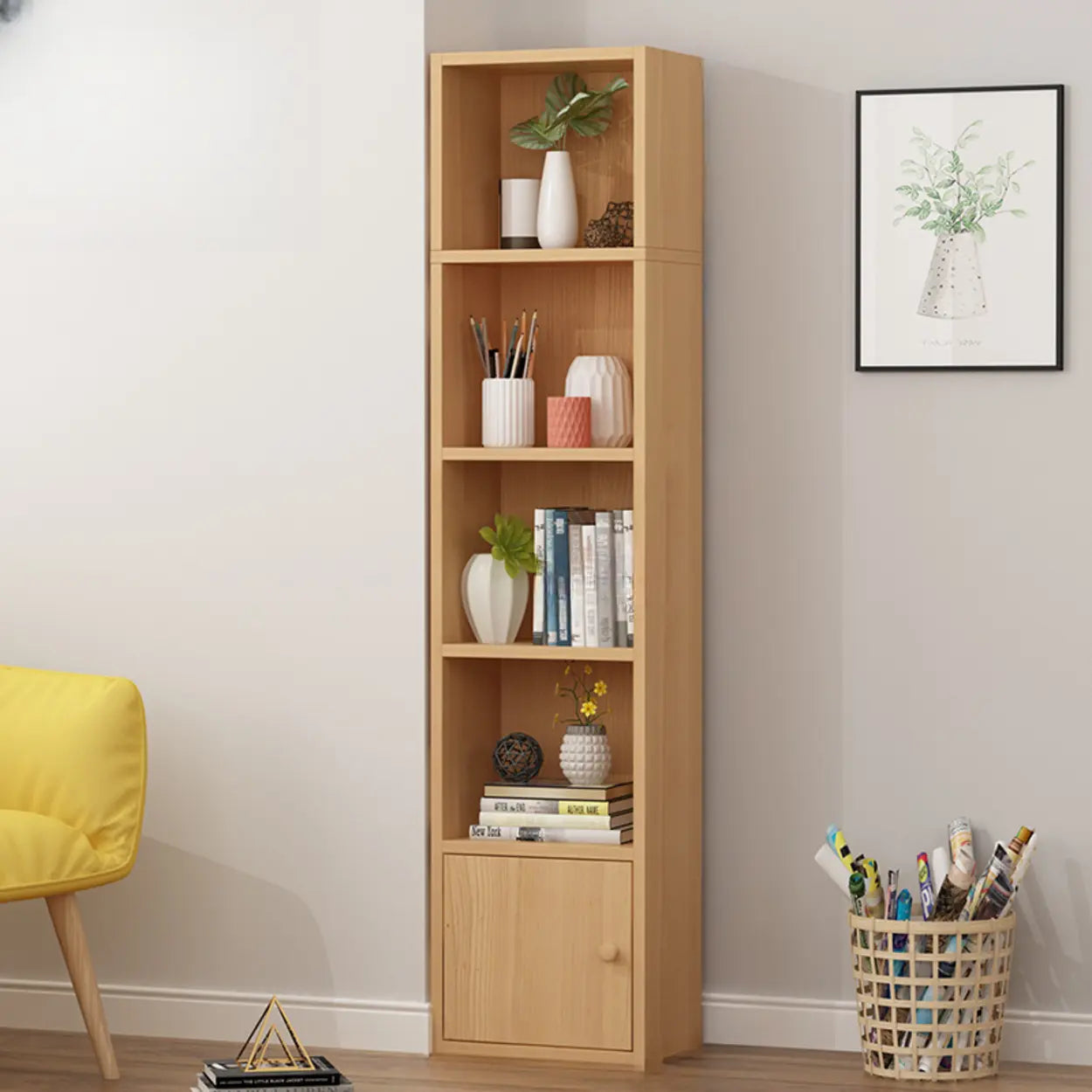 Classic Vertical Closed Wood Narrow Bookcase — Green/ White