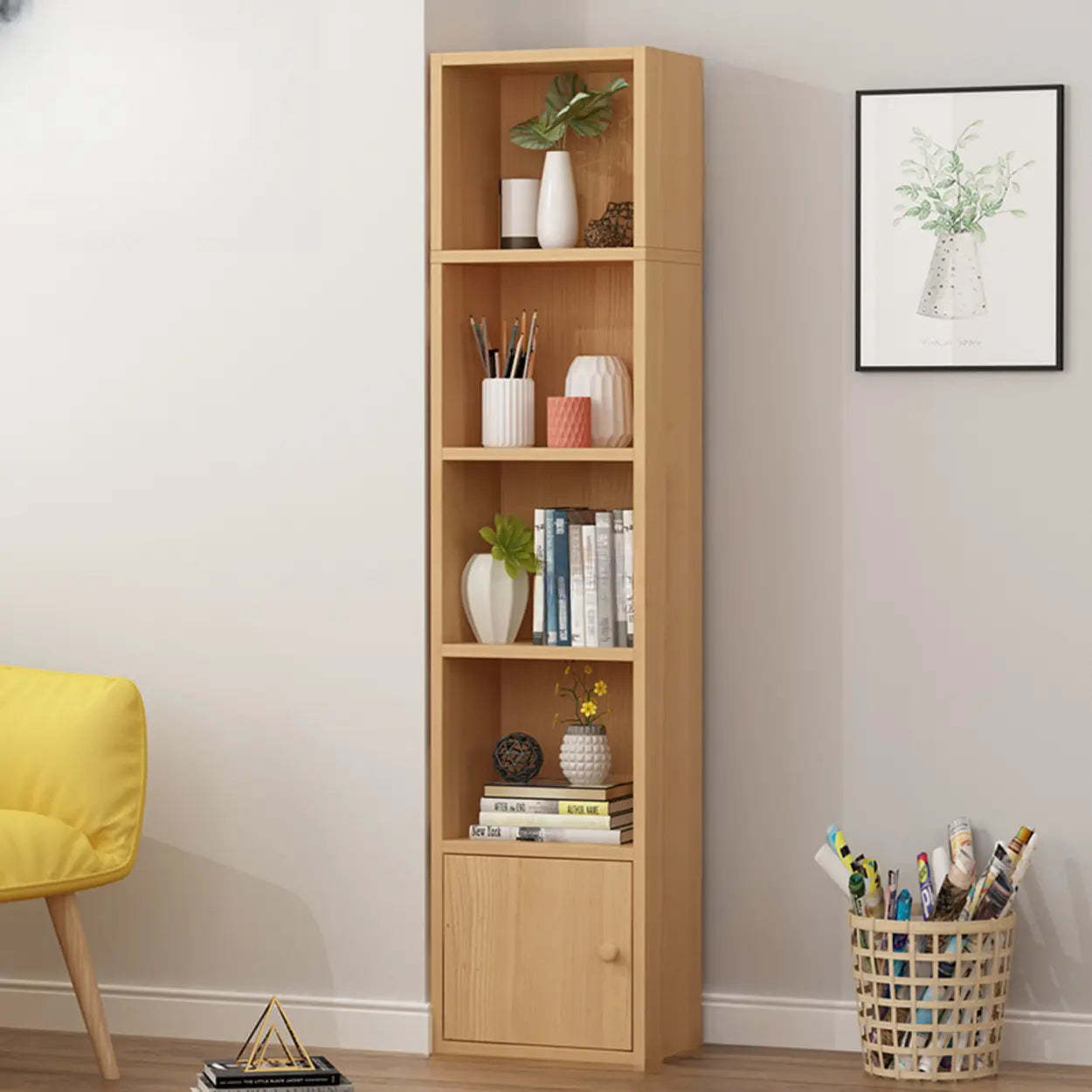 Classic Vertical Closed Wood Narrow Bookcase — Green/ White