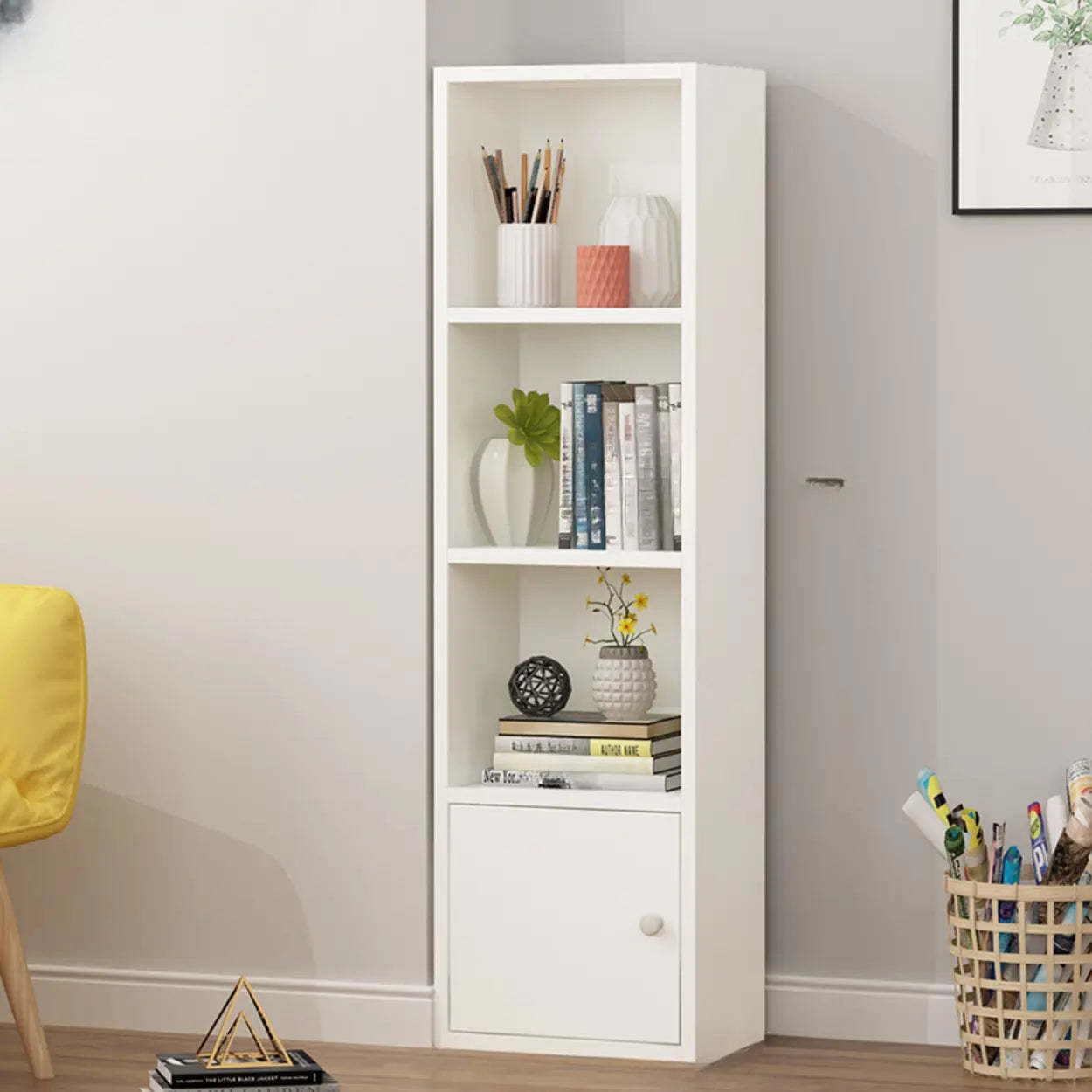 Classic Vertical Closed Wood Narrow Bookcase — Grey