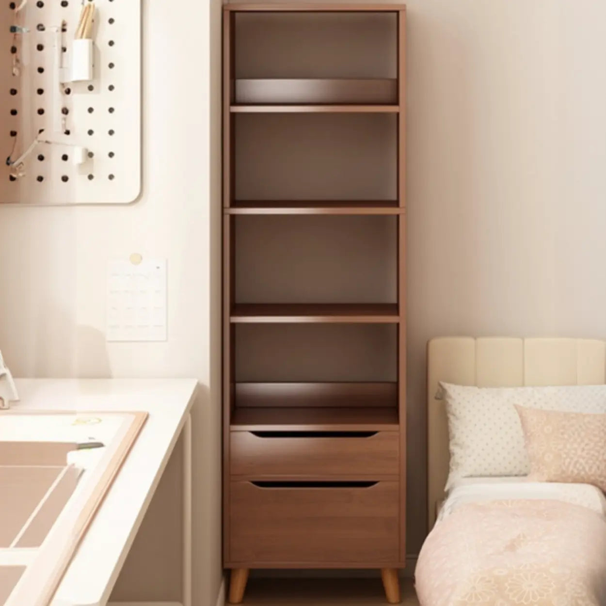 Classic Walnut Wood Narrow Bookcase with Drawers