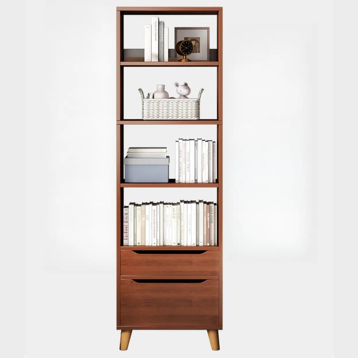 Classic Walnut Wood Narrow Bookcase with Drawers — Oak