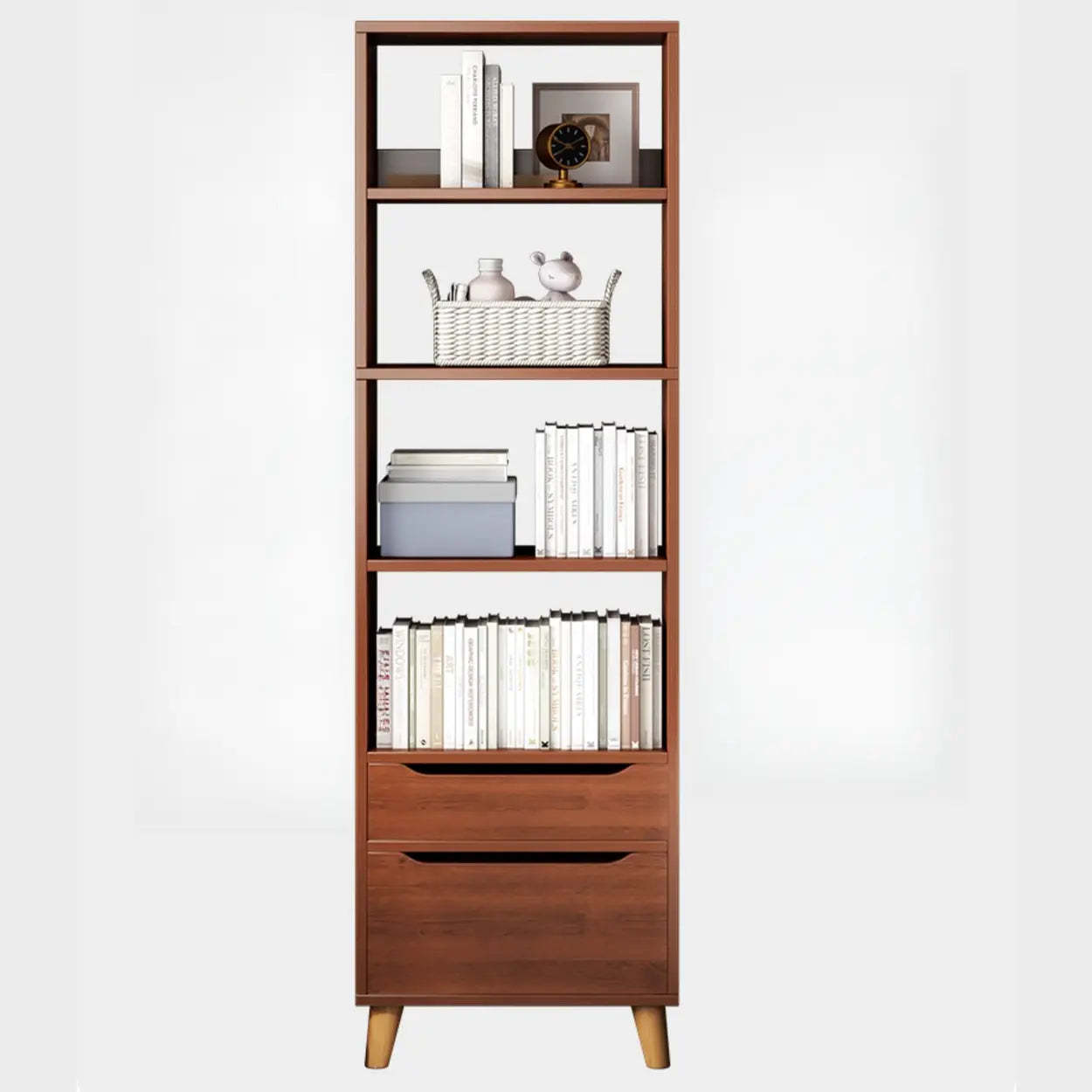 Classic Walnut Wood Narrow Bookcase with Drawers — Oak