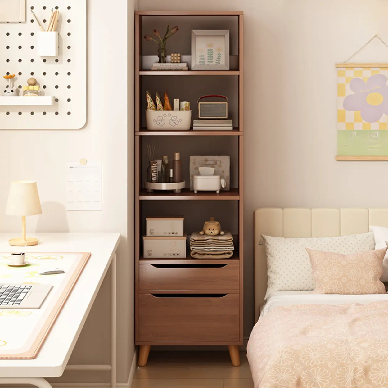 Classic Walnut Wood Narrow Bookcase with Drawers — White