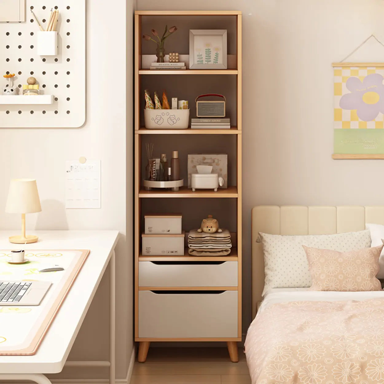 Classic Walnut Wood Narrow Bookcase with Drawers — White