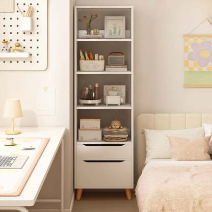 Classic Walnut Wood Narrow Bookcase with Drawers