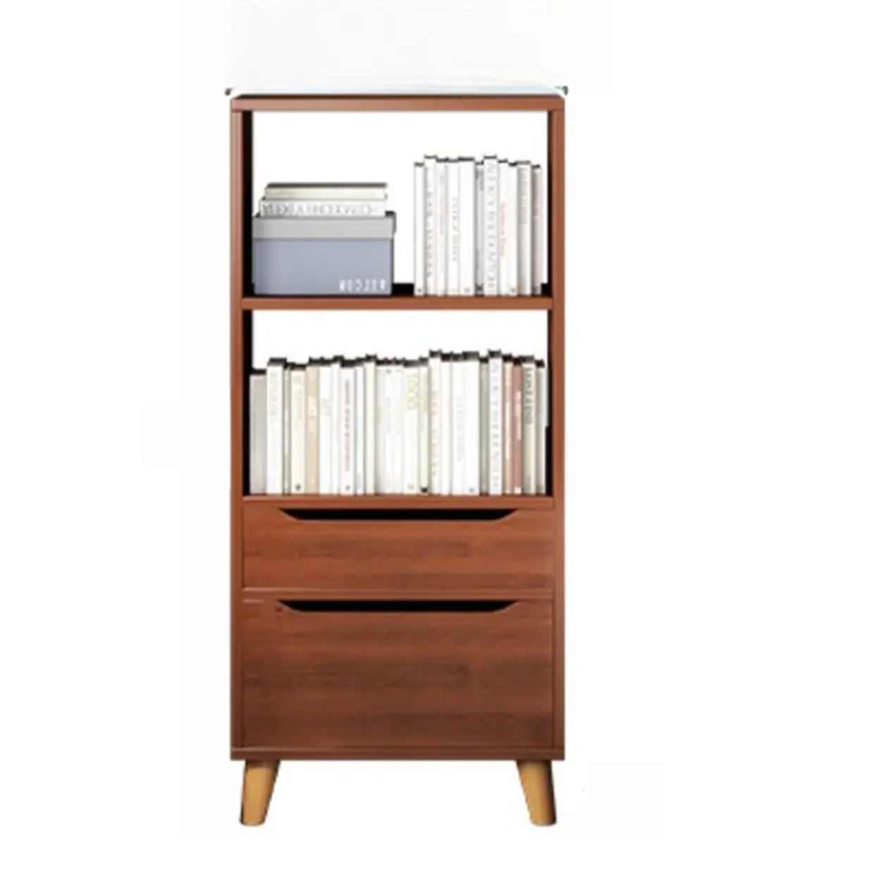 Classic Walnut Wood Narrow Bookcase with Drawers