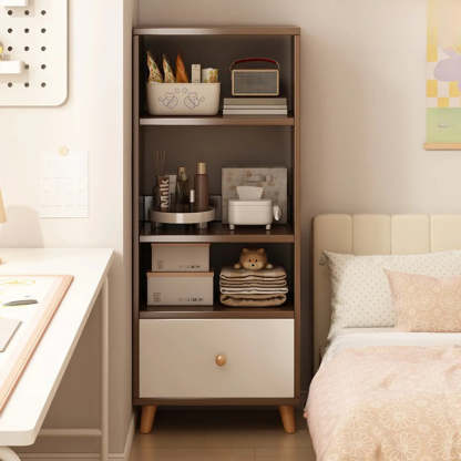 Classic Walnut Wood Narrow Bookcase with Drawers