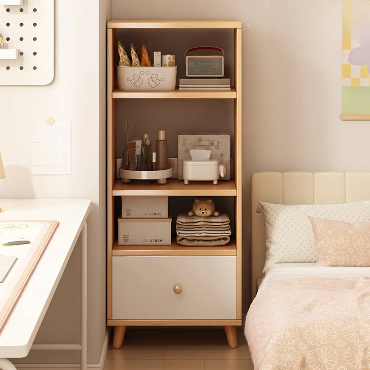 Classic Walnut Wood Narrow Bookcase with Drawers