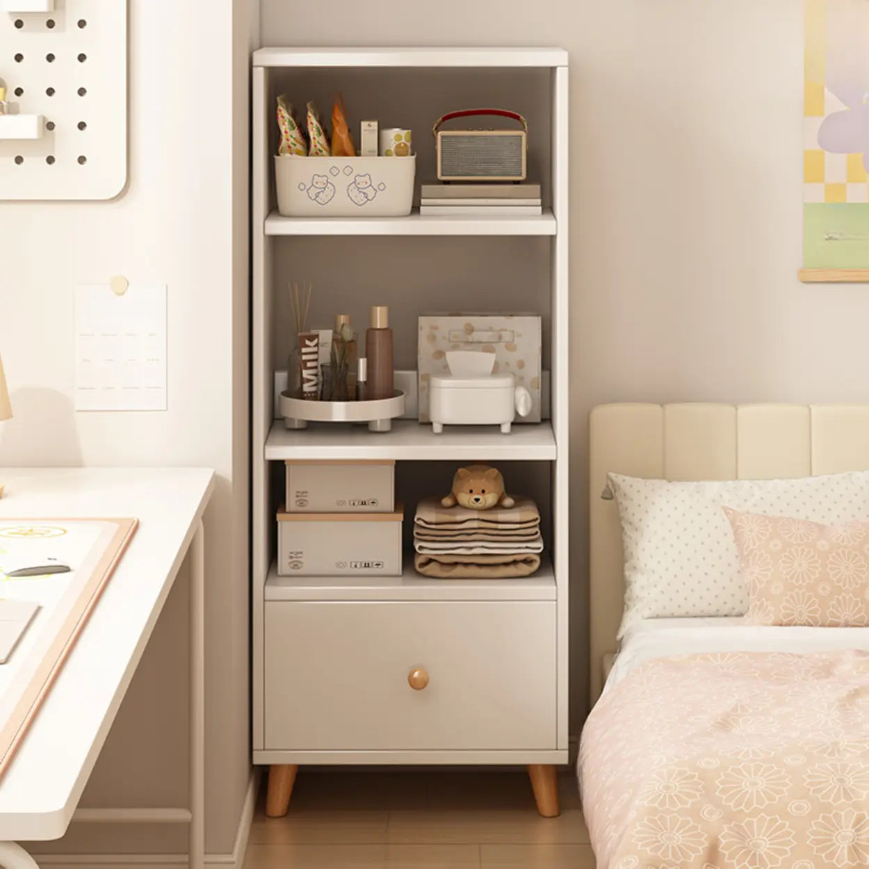 Classic Walnut Wood Narrow Bookcase with Drawers