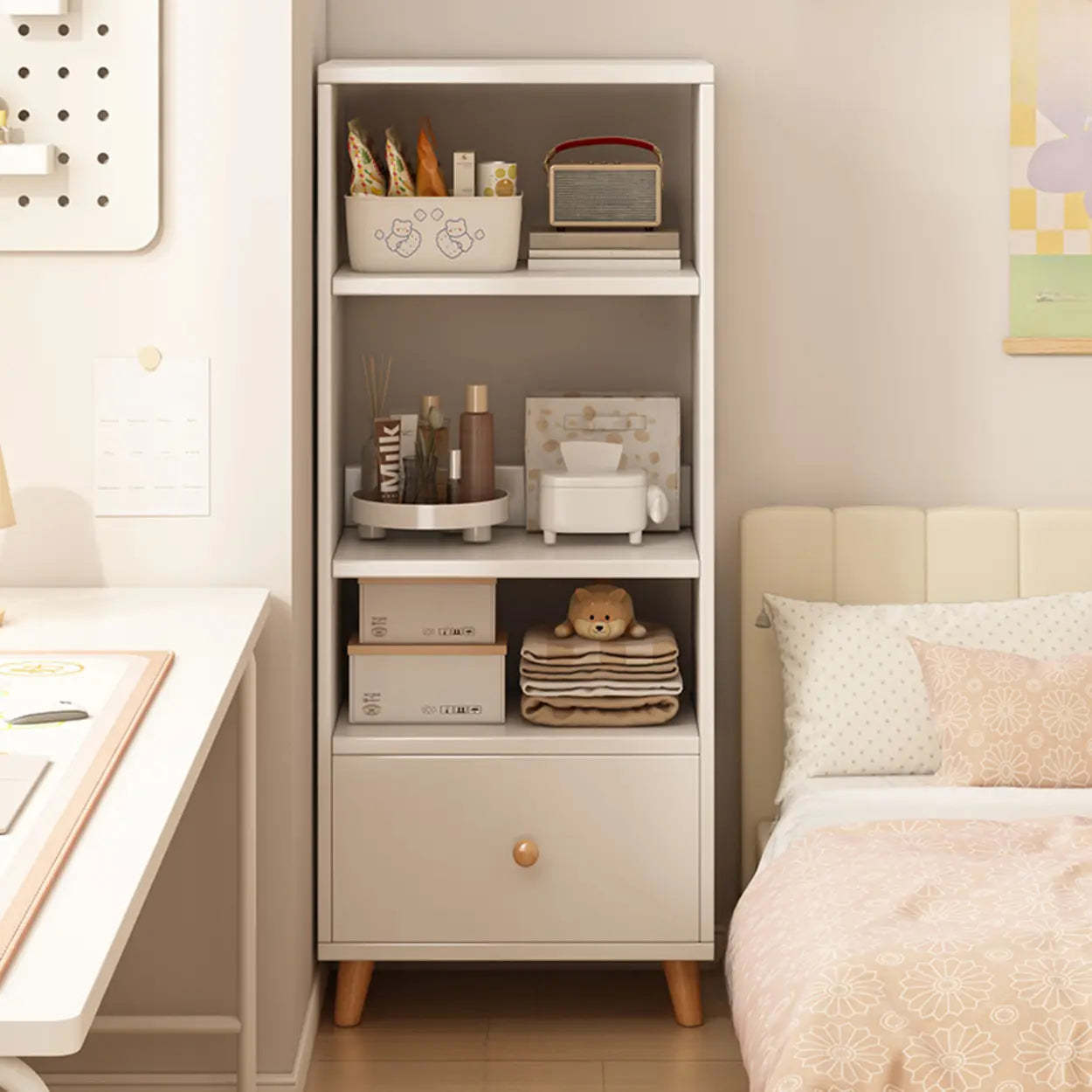 Classic Walnut Wood Narrow Bookcase with Drawers