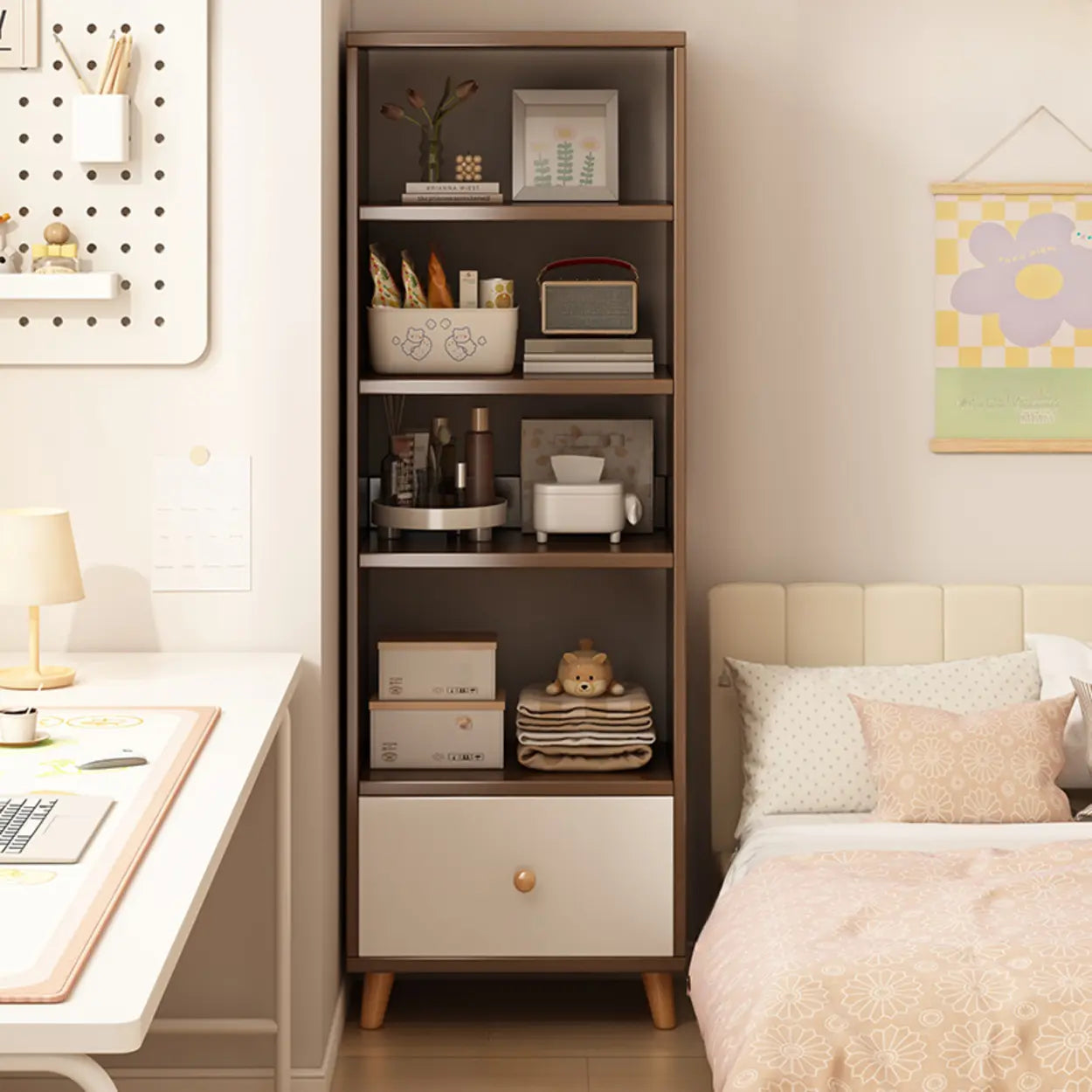 Classic Walnut Wood Narrow Bookcase with Drawers