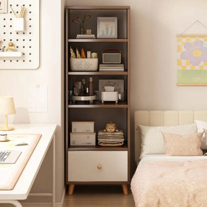 Classic Walnut Wood Narrow Bookcase with Drawers