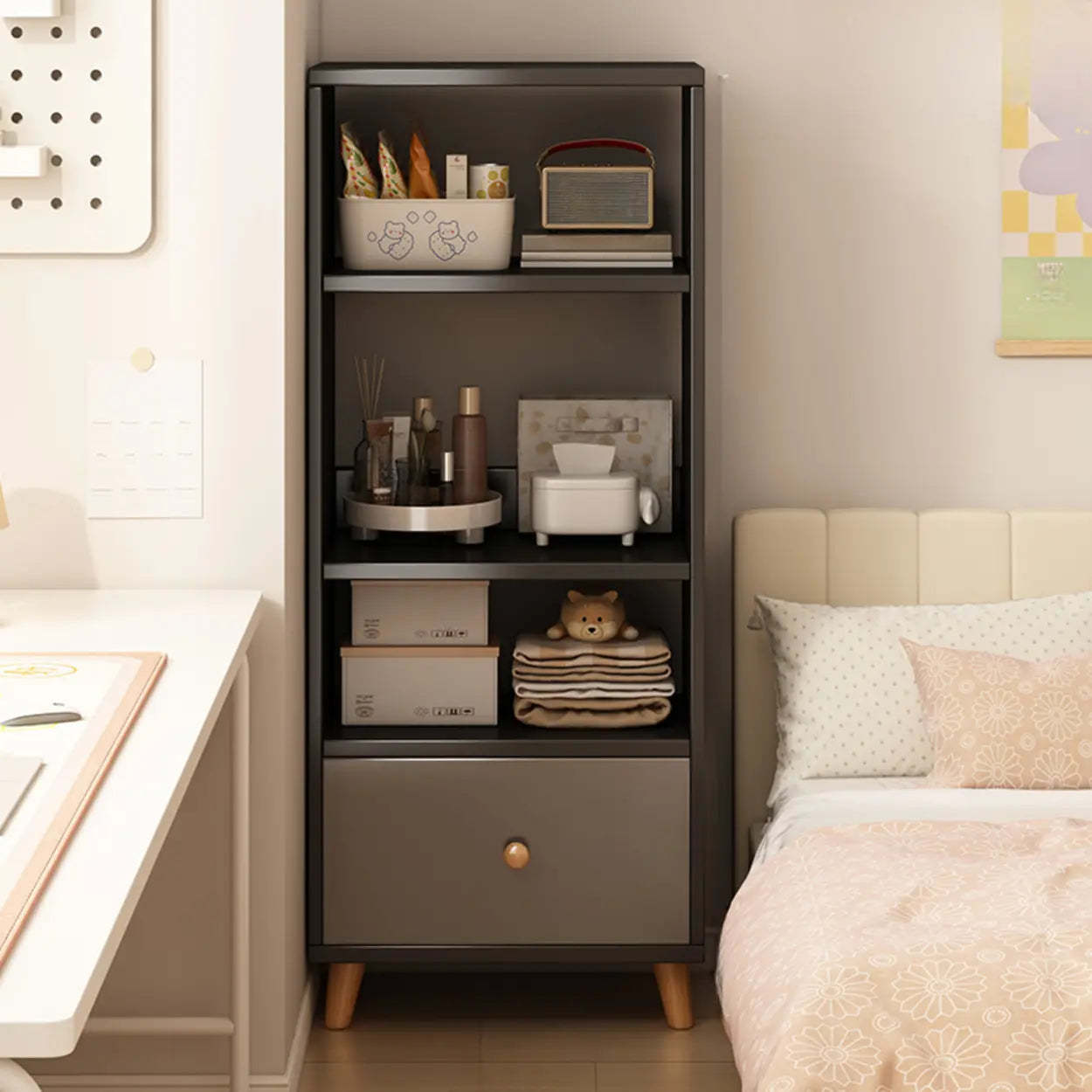 Classic Walnut Wood Narrow Bookcase with Drawers
