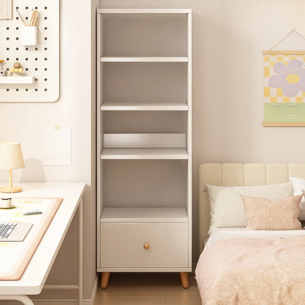 Classic Walnut Wood Narrow Bookcase with Drawers