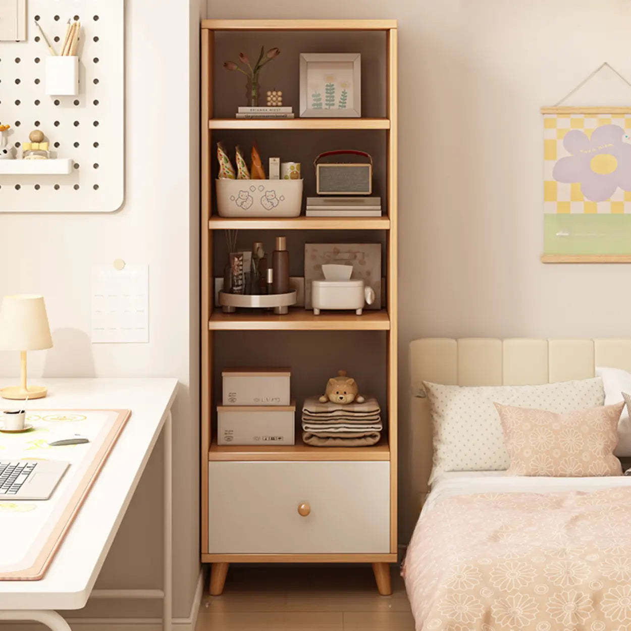 Classic Walnut Wood Narrow Bookcase with Drawers