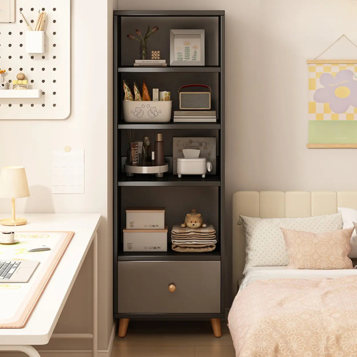 Classic Walnut Wood Narrow Bookcase with Drawers