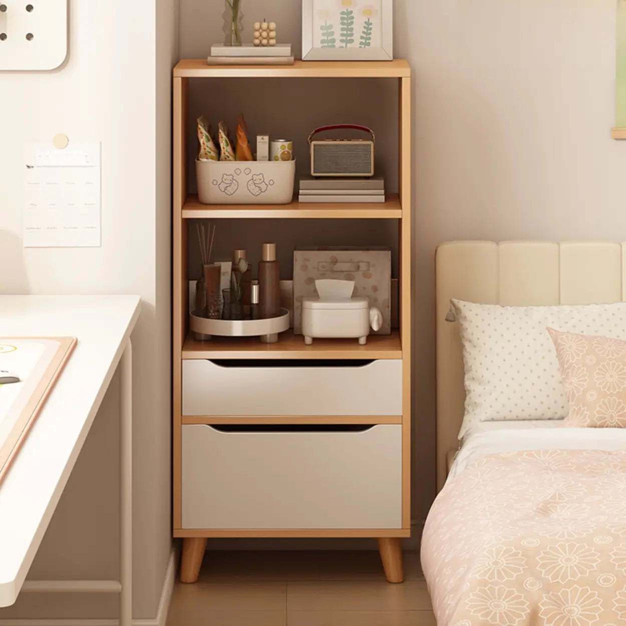 Classic Walnut Wood Narrow Bookcase with Drawers — Brown