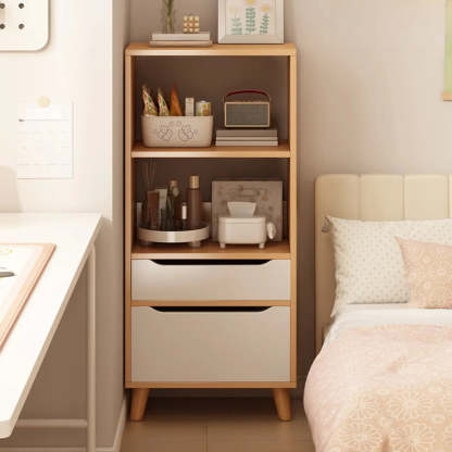 Classic Walnut Wood Narrow Bookcase with Drawers — Brown
